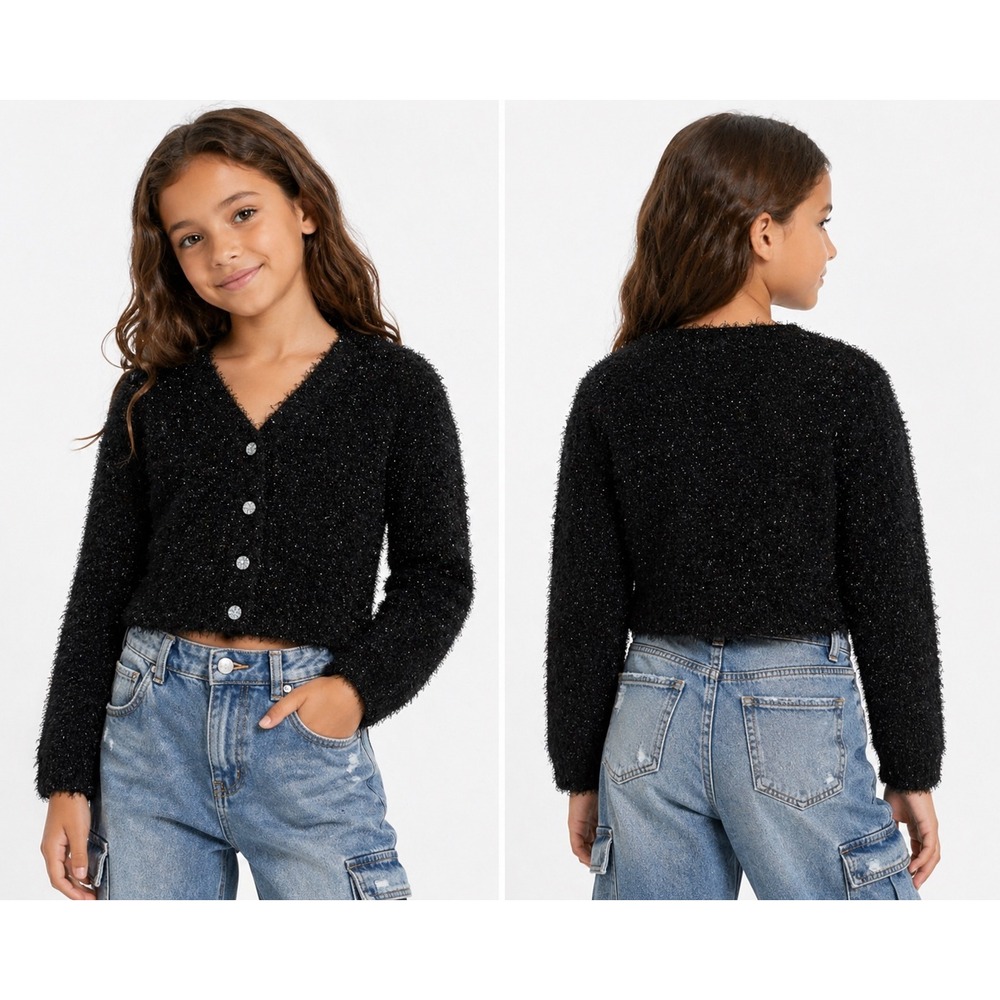 Art Class Cardigan Kids L 10/12 Black Fuzzy Shimmer Cropped Eyelash Knit Sparkle